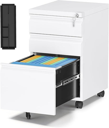 3 Drawer Mobile File Cabinet with Lock,Under Desk Storage Cabinet for Home Office,Vertical Filing Cabinet Fits A4 or Letter Size(Unassembled,White)