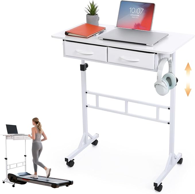 Small Standing Desk for Walking Pad with Drawers, 27.6"-49.2" Adjustable Folding Standing Desk, 32in Portable Standing Desk on Wheels, Rolling Desk for Home/Classroom/Office, White