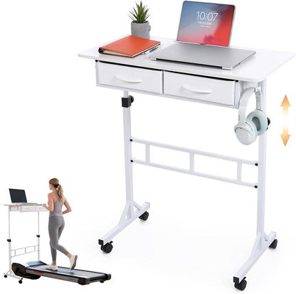 Small Standing Desk for Walking Pad with Drawers, 27.6"-49.2" Adjustable Folding Standing Desk, 32in Portable Standing Desk on Wheels, Rolling Desk for Home/Classroom/Office, White
