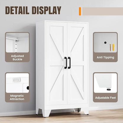 Yizosh Metal Storage Cabinet with 2 Doors and 3 Adjustable Shelves - 47" White Kitchen Pantry Storage Cabinet Locker for Kitchen,Living Room,Dining Room