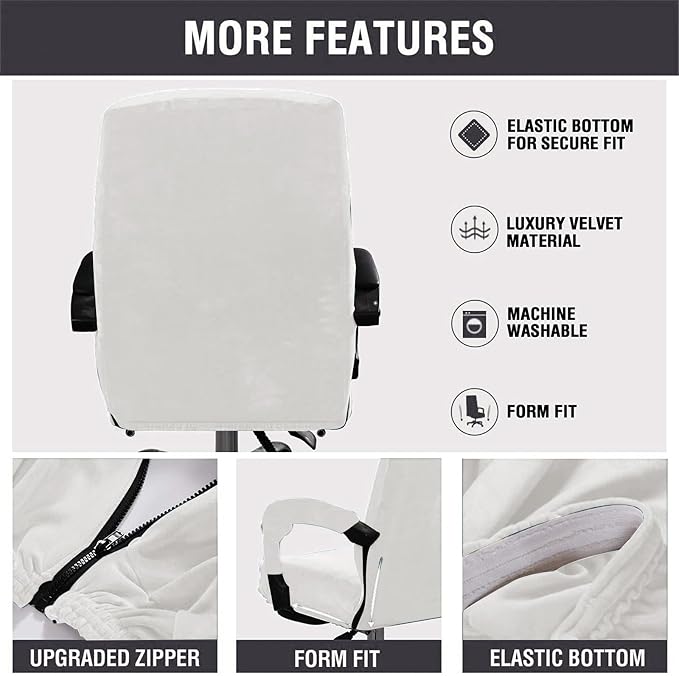 Velvet Plush Office Desk Chair Cover for Executive, White, XL | Cat Proof, Stretchable Protector, For Ergonomic Computer Desk Chair with Wheels Armrests, Comfy Executive Chair Cover