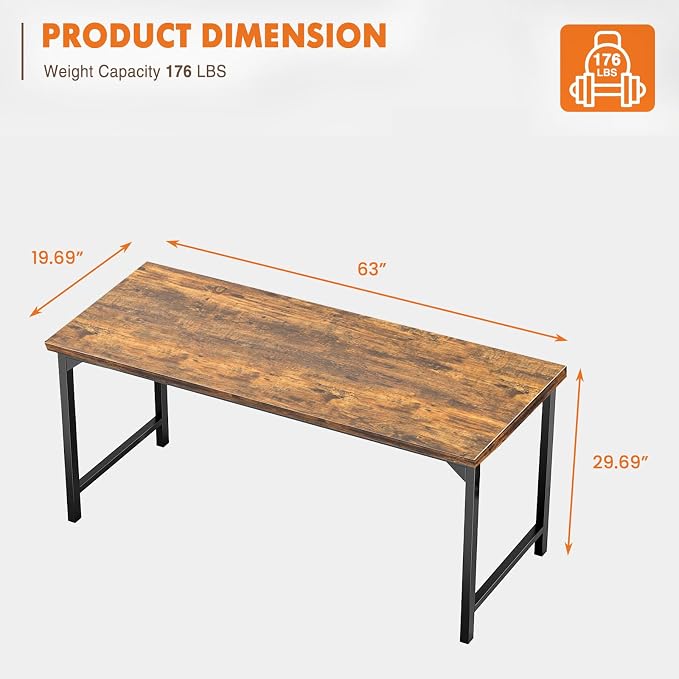 Sweetcrispy Small Computer Desk, 63" Office Writing Desk with Metal Frame & Wooden Top, X-Shaped Reinforcement, Student Study Workstation for Home Bedroom, Brown