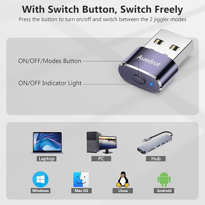 Auedrot USB Mouse Mover with Switch Button, Automatic Mouse Jiggler with 2 Modes, Keep Computer/Laptop Awake - Purple