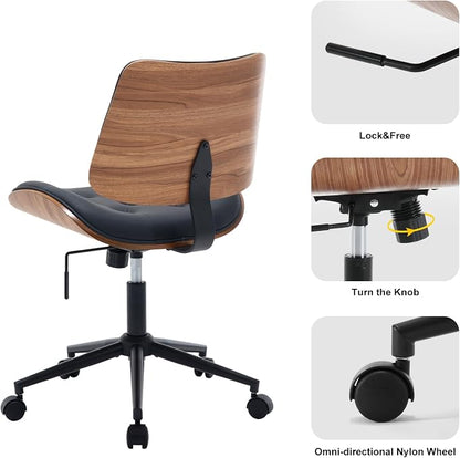 BV Armless Desk Chair with Wheels, 360 Swivel Home Office Chair No Arms, Height Adjustable Task Chair for Small Space, PU Leather Office Chair, Rolling Chair for Reading Room, Conference Room, Black