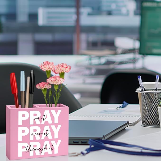 Pink Pray on It Office Desk Pencil Holder Decor Inspirational Christian Gifts for Women Men HR Manager Coworker Friend Employee Boss Day Gifts Bible Verse Wooden Pencil Holder Sign