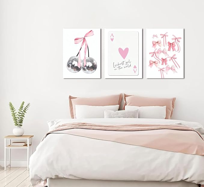 Trendy Pink Bows Wall Art Set of 3 Preppy Coquette Wall Decor Trendy Disco Ball Canvas Posters Prints Girly Aesthetic for College Apartment Bedroom Decoration Framed 16x24 In