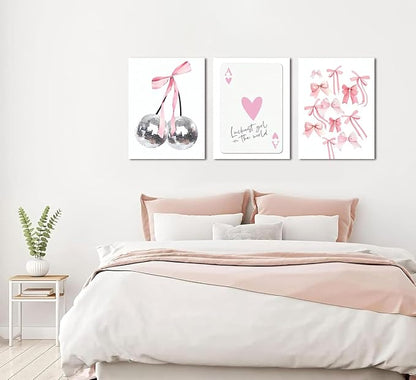 Trendy Pink Bows Wall Art Set of 3 Coquette Preppy Cherry Wall Decor Trendy Disco Ball Canvas Posters Prints Girly Aesthetic for College Apartment Living Room Bedroom Framed 12x16 In