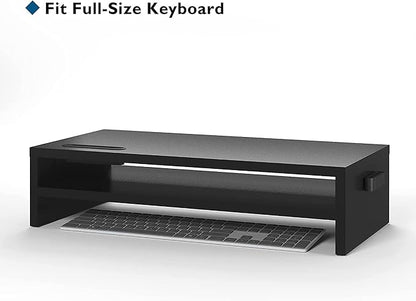 BONTEC Wood Monitor Stand Riser, 2-Tier Desktop Organizer with Storage, Ergonomic Computer Stand for Desk, Cable Management, Cellphone Holder, 21.3 Inch Shelf, Black