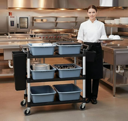 Storage Cart 3 Tier Heavy Duty Commercial Grade Utility Cart,Dish Cart for Restaurant,Multi-Function Mobile Shelving Unit Organizer for Hotel,Restaurant,Kitchen,Laundry Room with 6 Basin 2 Barrels