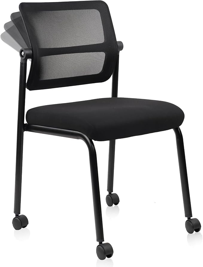 CLATINA Stacking Armless Office Waiting Room Chair with Wheels, Stackable Mesh Guest Reception Desk Chairs with Adjustable Backrest for Conference Lobby Side School, Black