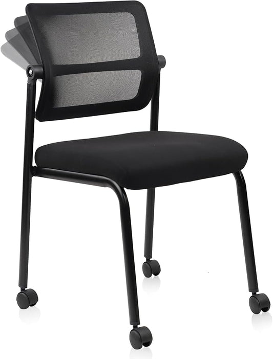 CLATINA Stacking Armless Office Waiting Room Chair with Wheels, Stackable Mesh Guest Reception Desk Chairs with Adjustable Backrest for Conference Lobby Side School, Black
