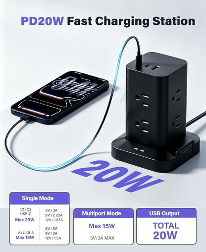 Power Strip Tower with Surge Protector 1800J, Fast Charging Tower PD20W USB-C Ports with 8 AC Outlets, 10ft Extension Cord for Home Office Dorm Room, Black