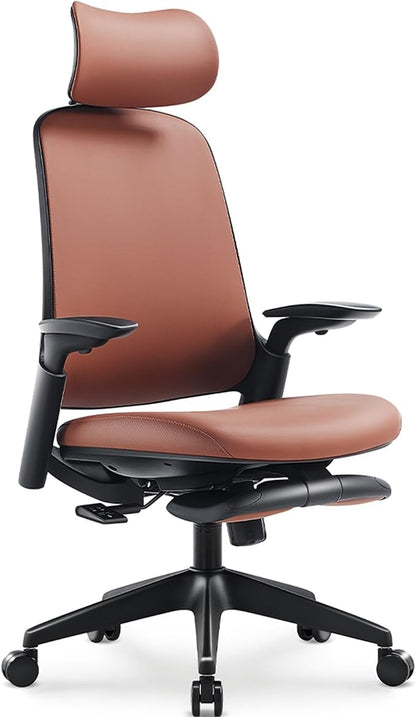 Sunaofe Boss Pro Leather Ergonomic Office Chair with Footrest - Executive Chair, 4D Armrests, Adaptive Lumbar, 125° Recline, 300lb Capacity, 5-Year Warranty Black Frame/Dark Brown
