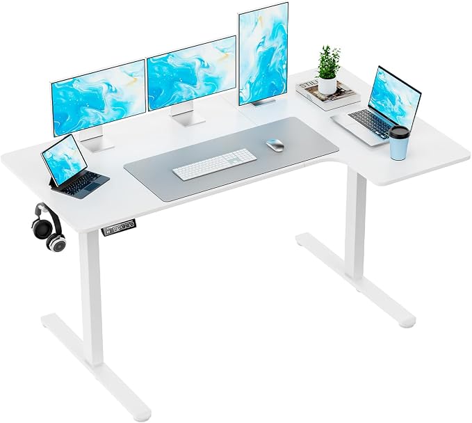 EcoZen Standing Desk Electric Height Adjustable Desk 55 x 33.5 Inches L Shaped Sit Stand up Desk, Computer Home Office Desk Memory Preset with Two-Piece Fir Wood Desktop (White, 55 * 33.5 Inch)