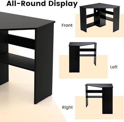 GOFLAME Corner Desk with Storage Shelves, Triangular Computer Desk with Cable Management Holes, Laptop Workstation for Small Space, Makeup Vanity Desk for Living Room, Study, Black