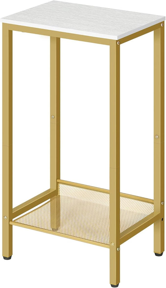 HOOBRO Tall Side Table, Industrial End Telephone Table with Adjustable Mesh Shelves, Small Tall Nightstand for Living Room, Bedroom, Entryway, Office, White and Gold DW03DH01