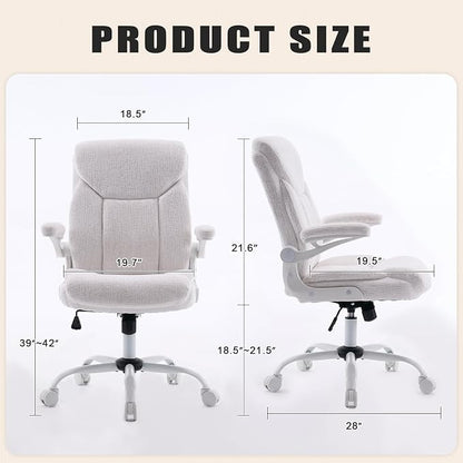 Fabric Executive Office Chair - Ergonomic Computer Chair with Flip-up Arms Comfy Cloth Home Desk Chairs Mid Back Support Adjustable Height Tilt Lock Swivel Rolling Wheels, White