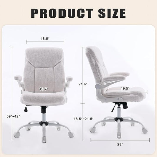Fabric Executive Office Chair - Ergonomic Computer Chair with Flip-up Arms Comfy Cloth Home Desk Chairs Mid Back Support Adjustable Height Tilt Lock Swivel Rolling Wheels, White