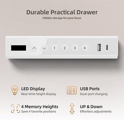 INNOVAR 35" Small Glass Standing Desk with Drawers & USB Ports, Whole-Piece Glass Top Adjustable Height Desks, Quick-Install Electric Sit-Stand Up Desk for Home Office & Computer Workstation, White