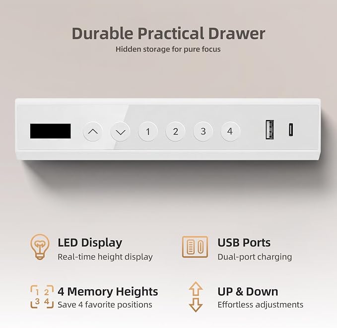 INNOVAR 40" Small Glass Standing Desk with Drawers & USB Ports, Whole-Piece Glass Top Adjustable Height Desks, Quick-Install Electric Sit-Stand Up Desk for Home Office & Computer Workstation, White