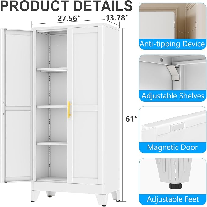 pozdeg 61" Tall Metal Storage Cabinet with 2 Doors & 3 Adjustable Shelves, Steel File Cabinet Multipurpose Organizer for Home Office Garage (White)