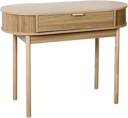 Fluted Small Computer Desk with Drawer, 40 Inch Mid-Century Modern Writing Desk with Solid Wood Legs,Compact Study Table for Small Spaces, Home Office, Bedroom,Walnut
