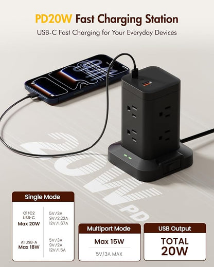 2Pack Power Strip Tower with Surge Protector 1800J, Fast Charging Tower PD20W USB-C Ports with 8 AC Outlets, 10ft Extension Cord for Home Office Dorm Room, Black
