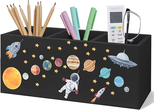 Outer Space Decor Wooden Pen Pencil Holder for Desk, Astronaut Space Themed Bedroom Decor Gift for Kids, The Solar System Wood Makeup Brush Toothbrush Holder Organizer for Library Bedroom