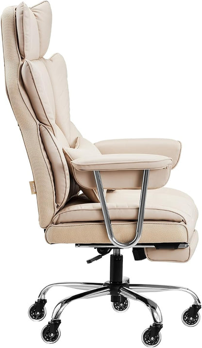 VEVOR Executive Office Chair with Footrest, 400lb Capacity Oversize Office Chair with Lumbar Pillow & Removable Armrests, Heavy Duty Ergonomic Chair, PU Leather Reclining Home Office Desk Chair, Brown