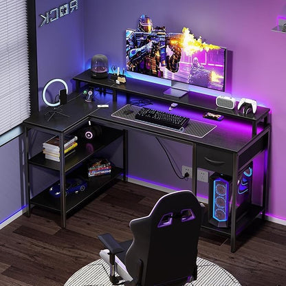 Alpen Corner Desk, 53 Inch L Shaped Desk with USB Charging Port and LED Light, Computer Desk with Storage Shelves & Monitor Stand, Corner Gamer Desk Table for Bedroom, Black