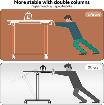 Mobile Standing Desk, 35inch Small Rolling Table with Drawer, Height Adjustable Sit Stand Workstation, Walnut Portable Laptop Cart with Hidden Wheels or Lockable Casters