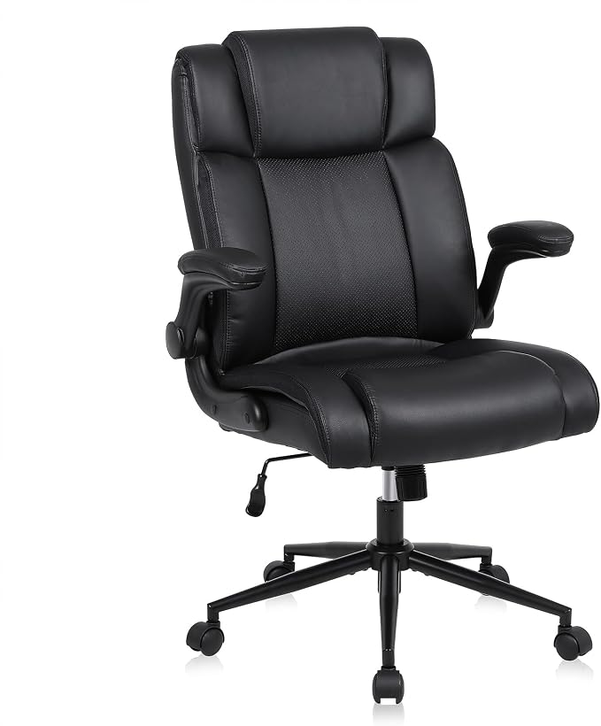 Executive Office Chair with Flip-Up Armrests, PU Leather Ergonomic Computer Desk Chair for Home Office, Computer Chair with Lumbar Support, Thick Seat Cushion & Adjustable Height