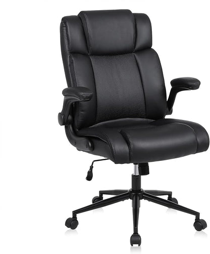 Executive Office Chair with Flip-Up Armrests, PU Leather Ergonomic Computer Desk Chair for Home Office, Computer Chair with Lumbar Support, Thick Seat Cushion & Adjustable Height