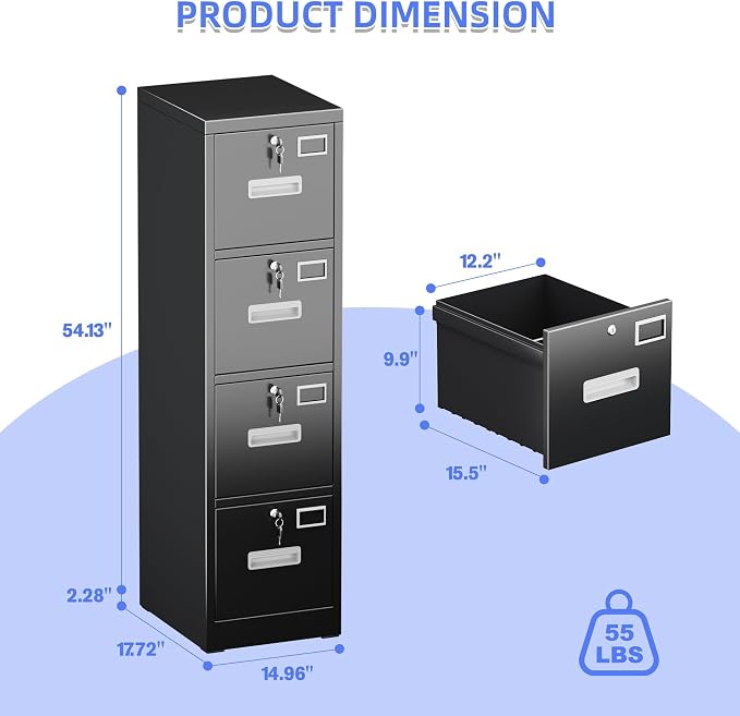 METAN Upgrade Metal 4 Drawer Files Cabinet for Home Office,Lockable Steel File Storage Cabinet with 4 Locks for Hanging Legal/Letter A4 Size, Assembly Required,Black
