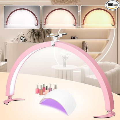 HITTI Super Large 31in Half Moon Light for Nail Desk, Foldable Arch Light for Nail Tech Lamp with Phone Stand, LED Table Lamp for Manicure, Handicraft, Art, Eyelash Extension, Painting- Gold