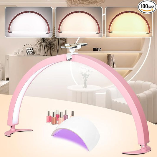 HITTI Super Large 31in Half Moon Light for Nail Desk, Foldable Arch Light for Nail Tech Lamp with Phone Stand, LED Table Lamp for Manicure, Handicraft, Art, Eyelash Extension, Painting- Gold