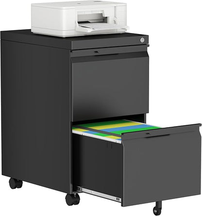2 Drawer Mobile File Cabinet with Lock, Metal Small Filing Cabinets for Home Office Organizer,Rolling Filing Cabinets Under Desk Storage for Letter/Legal/A4,Assembly Required,Black