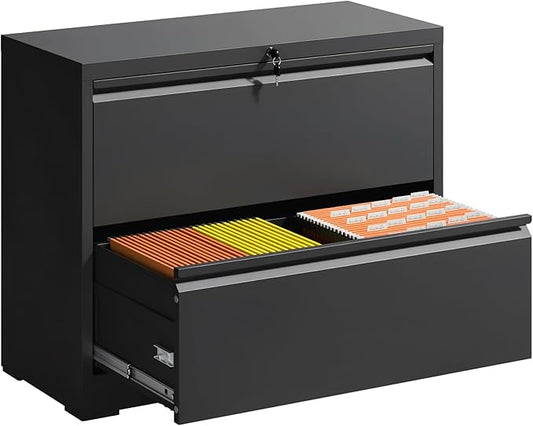 File Cabinets 2 Drawer,Metal Office Storage Filing Cabinet with Lock,Black Lateral Filing Cabinet for Home Office,Horizontal 2-Drawer File Cabinets for Legal/Letter/A4,Assembly Require,Black