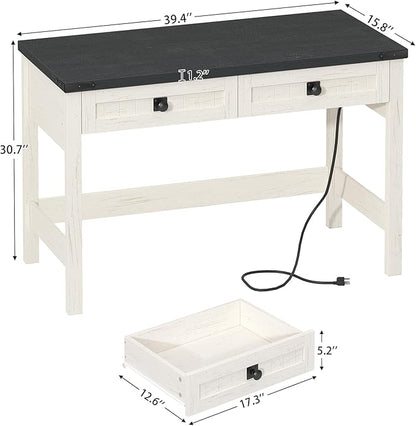 YOMILUVE Farmhouse Computer Desk with 2 Drawers, 39 Inch Small Office Computer Desk with Power Outlets, Compact Writing Study Vanity Desk for Small Spaces, Black and White
