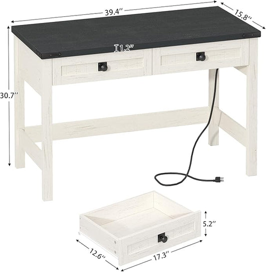 YOMILUVE Farmhouse Computer Desk with 2 Drawers, 39 Inch Small Office Computer Desk with Power Outlets, Compact Writing Study Vanity Desk for Small Spaces, Black and White