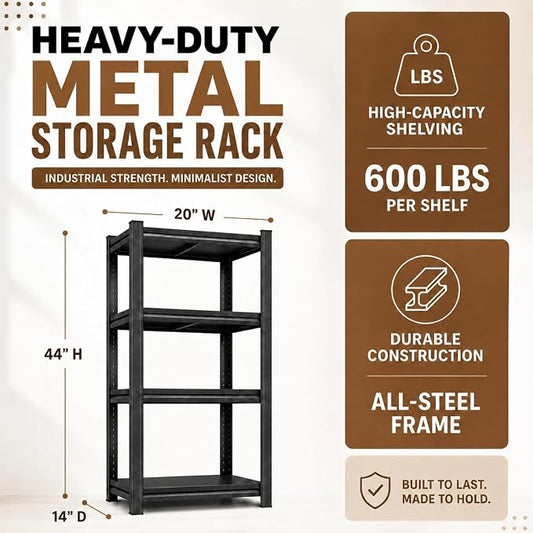 4 Tier Metal Bookshelf, Adjustable Tall Bookcase, Heavy Duty 2400 LBS Modern Deep Book Shelf, Bolt-Free Storage Shelves for Living Room, Home Office, Garage, 20" Wx 14" Dx 44" H