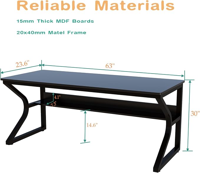 OSCHF Extra Long Desk with Bookshelf - 63" Double Long Writing Table for 2-Person Workstation, Modern Study Work Computer Desk for Home and Office, Black