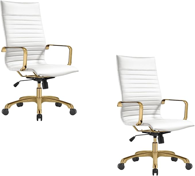 LeisureMod Harris High-Back Task Office Chair - Modern Leather Upholstery with Gold Frame, Ribbed Design 360 Degree Adjustable Swivel for Home, Office, and Study Room