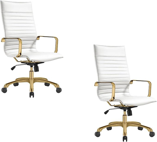 LeisureMod Harris High-Back Task Office Chair - Modern Leather Upholstery with Gold Frame, Ribbed Design 360 Degree Adjustable Swivel for Home, Office, and Study Room