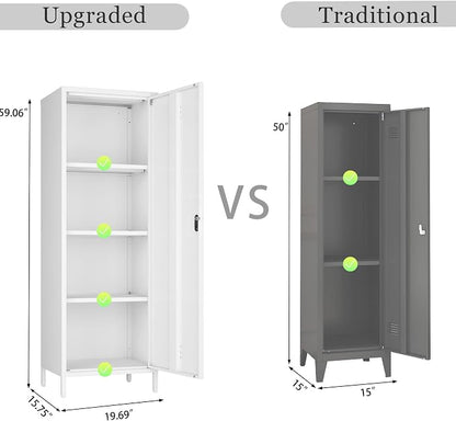 Steehoom Metal Locker Cabinet with Lock, Lockable Steel File Locker with Door and 3 Adjustable Narrow Storage Cabinet Shelves for Living Room, School, Pantry, Garage, Office (White, H59.06'')