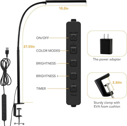 LED Desk Lamp with Clamp, 5 Color Modes & 10 Brightness Levels, Eye-Caring Desk Light, Flexible Gooseneck, Memory Function, Adapter Included for Home Office, Reading & Study
