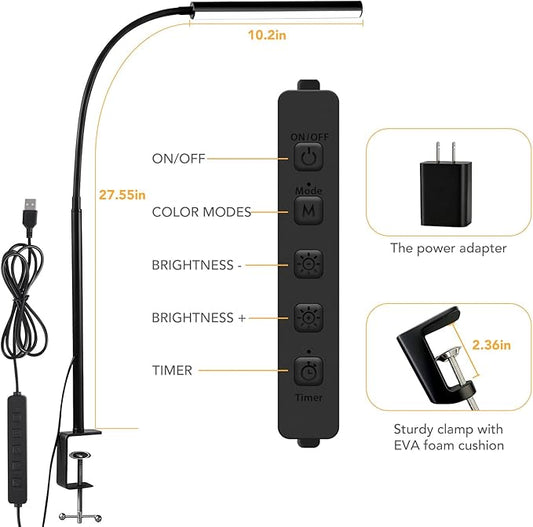 LED Desk Lamp with Clamp, 5 Color Modes & 10 Brightness Levels, Eye-Caring Desk Light, Flexible Gooseneck, Memory Function, Adapter Included for Home Office, Reading & Study