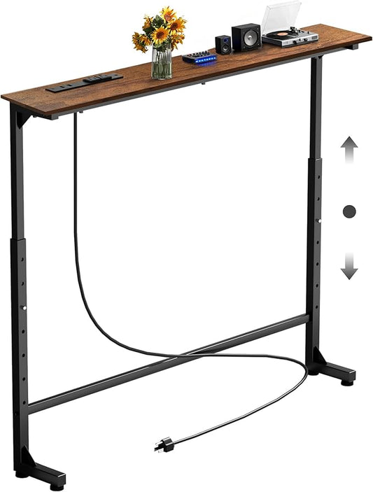 Keelian 39 inch Narrow Console Table with Outlet,Adjustable Height(25"-37") Behind Sofa Table,Couch Behind Table Skinny,Couch Shelf with Charging Station,Long Entryway Tables for Living Room,Brown
