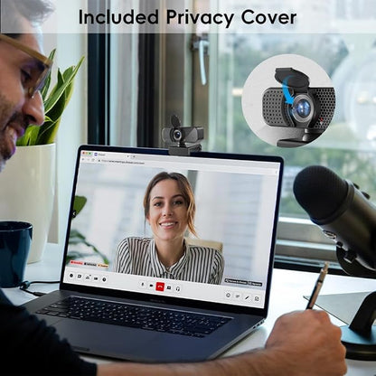 2K Webcam PC Webcam with Microphone and Physical Privacy Cover, Noise-Canceling Microphone, Auto Light Correction, Wide Angle, Plug and Play for Conferences/Online Classes/Live Streaming/Zoom/Teams