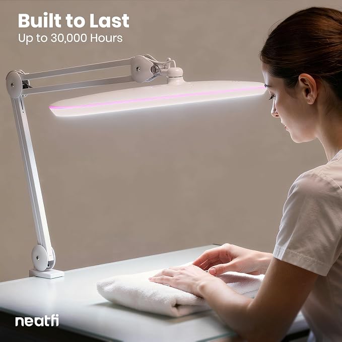 Neatfi XL 2,200 Lumens 24W LED Desk Lamp – 23” Wide Shade | Dimmable Eye-Caring Task Light | Adjustable Arm | Home Office, Study, Crafts & Nail Tech (White with Pink Ring, Non-CCT with Clamp)